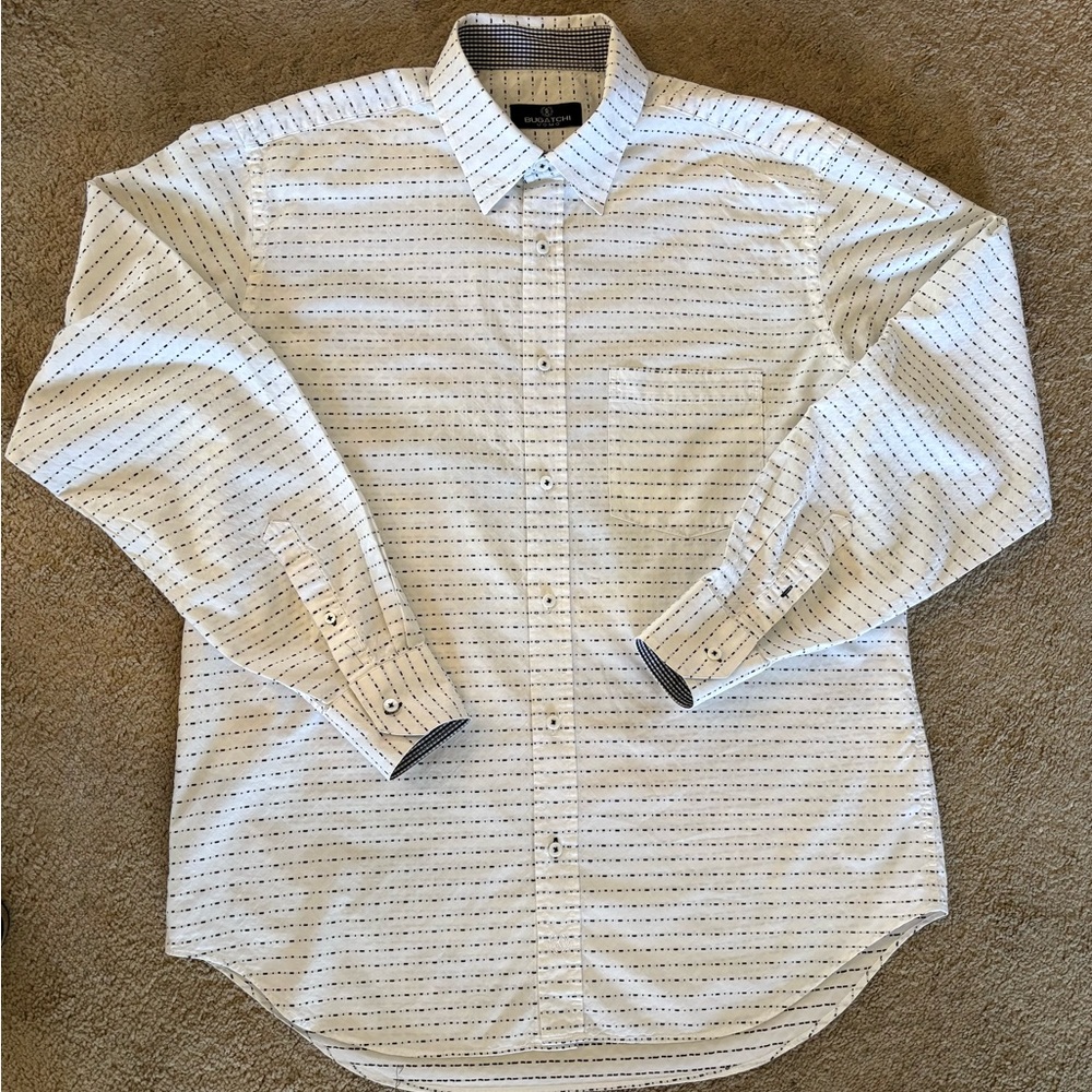 Men's Bugatchi White Long Sleeve Check Fleck Embroidered flip Cuff Size XL